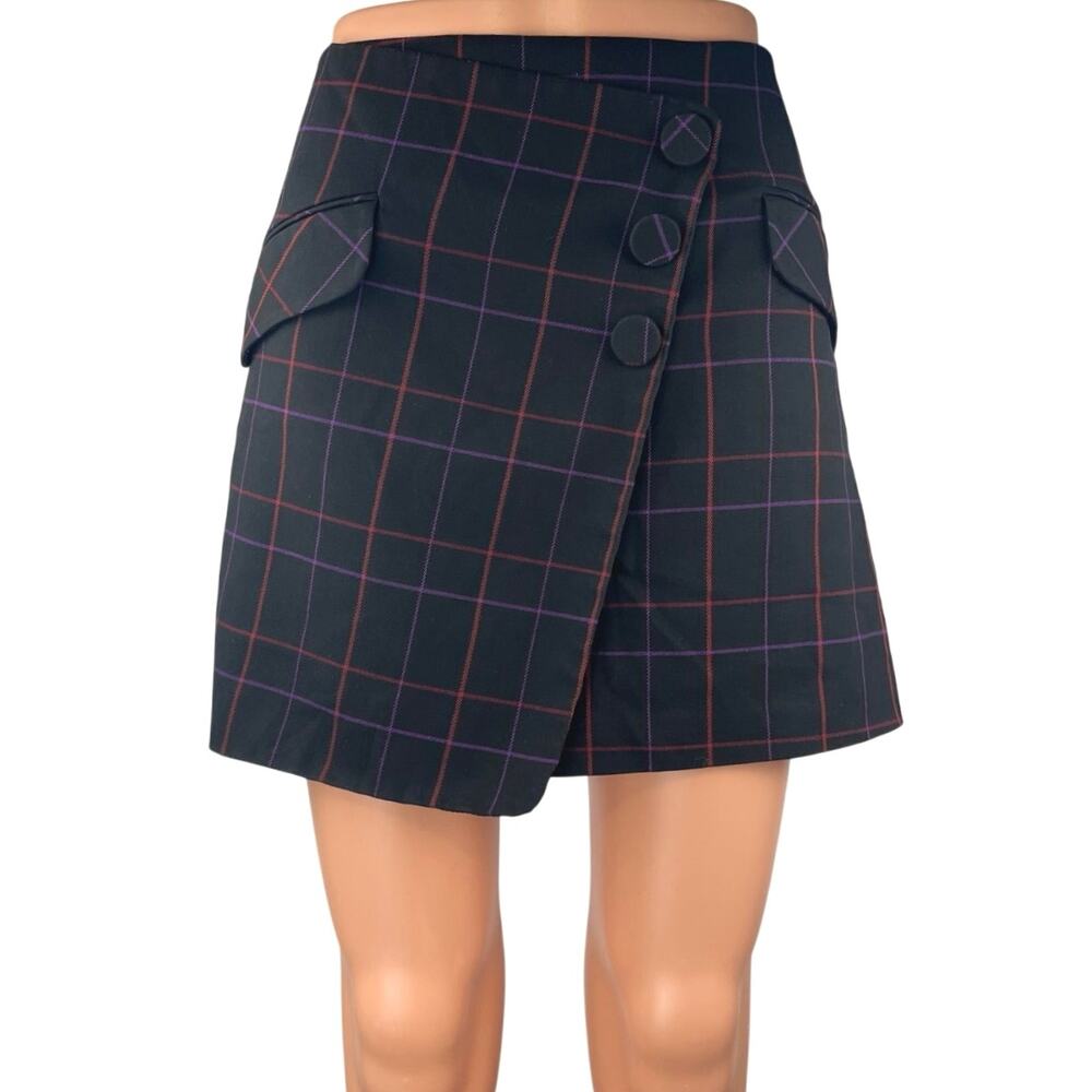 Trina Turk Black Multicolor Plaid Checkered Tartan Button Wrap Mini Skirt Size 6